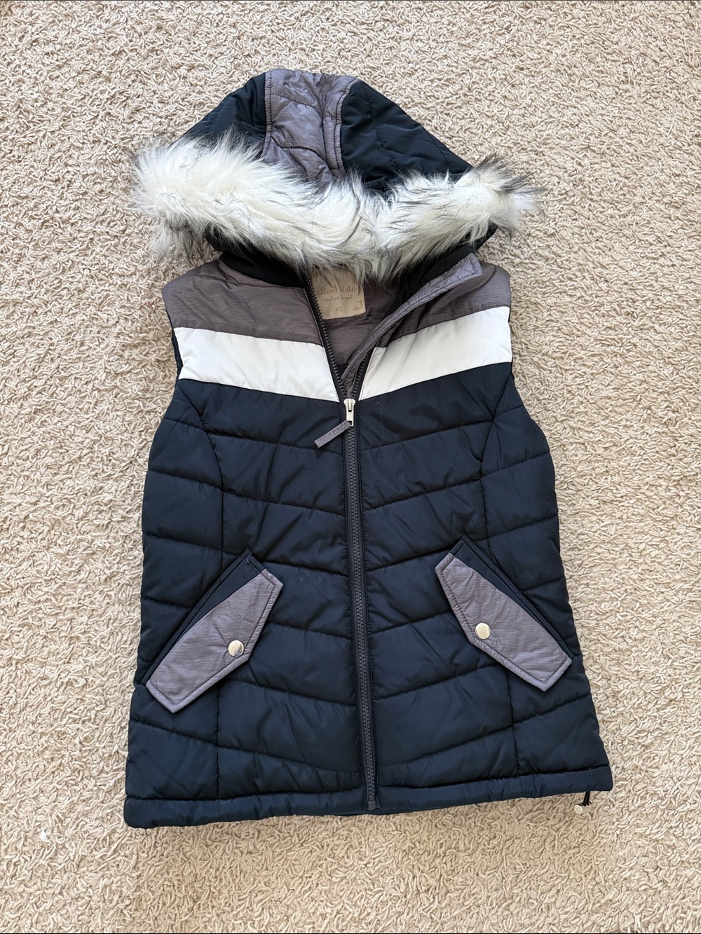 Altar'd State Navy Quilted Hooded Puffer Vest with Faux Fur Trim
